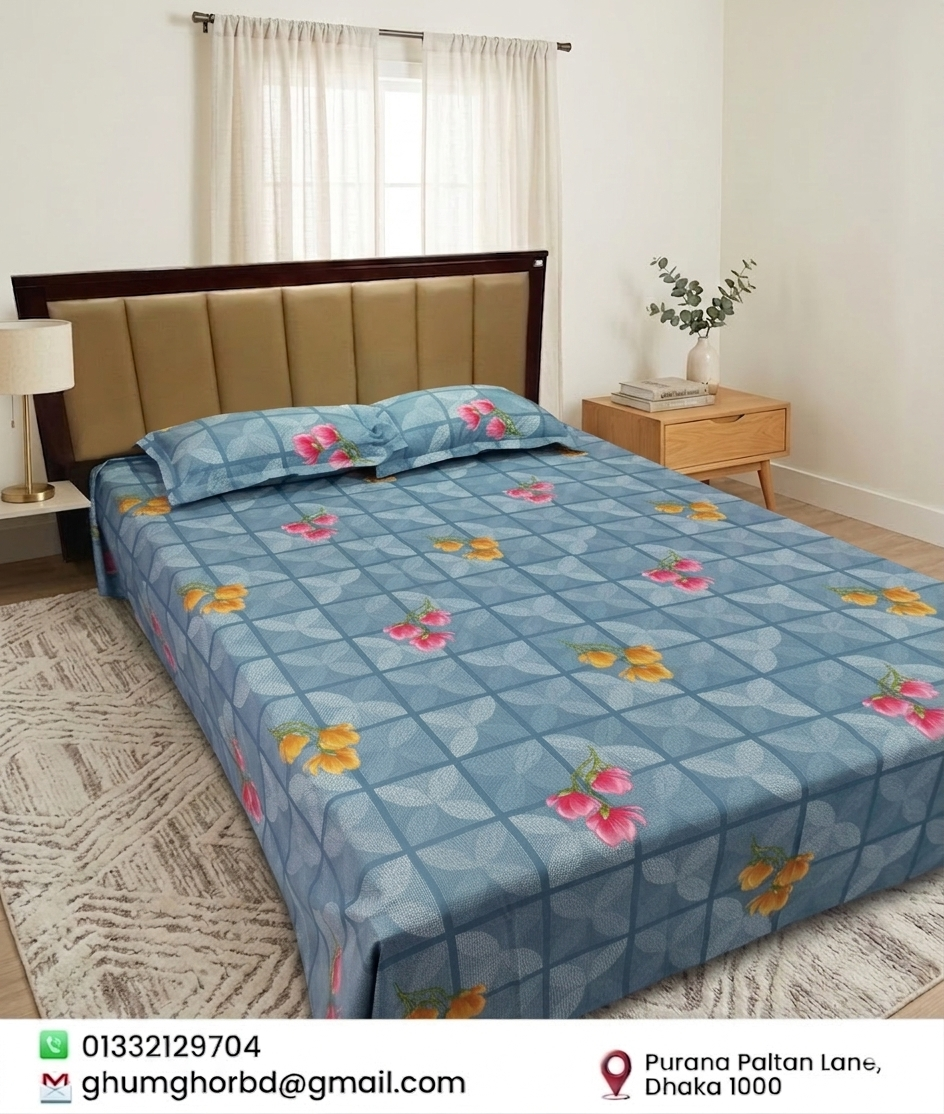 Attractive Floral Print Cotton Double Bedsheet - Blue (Includes 2 Pillow Covers)